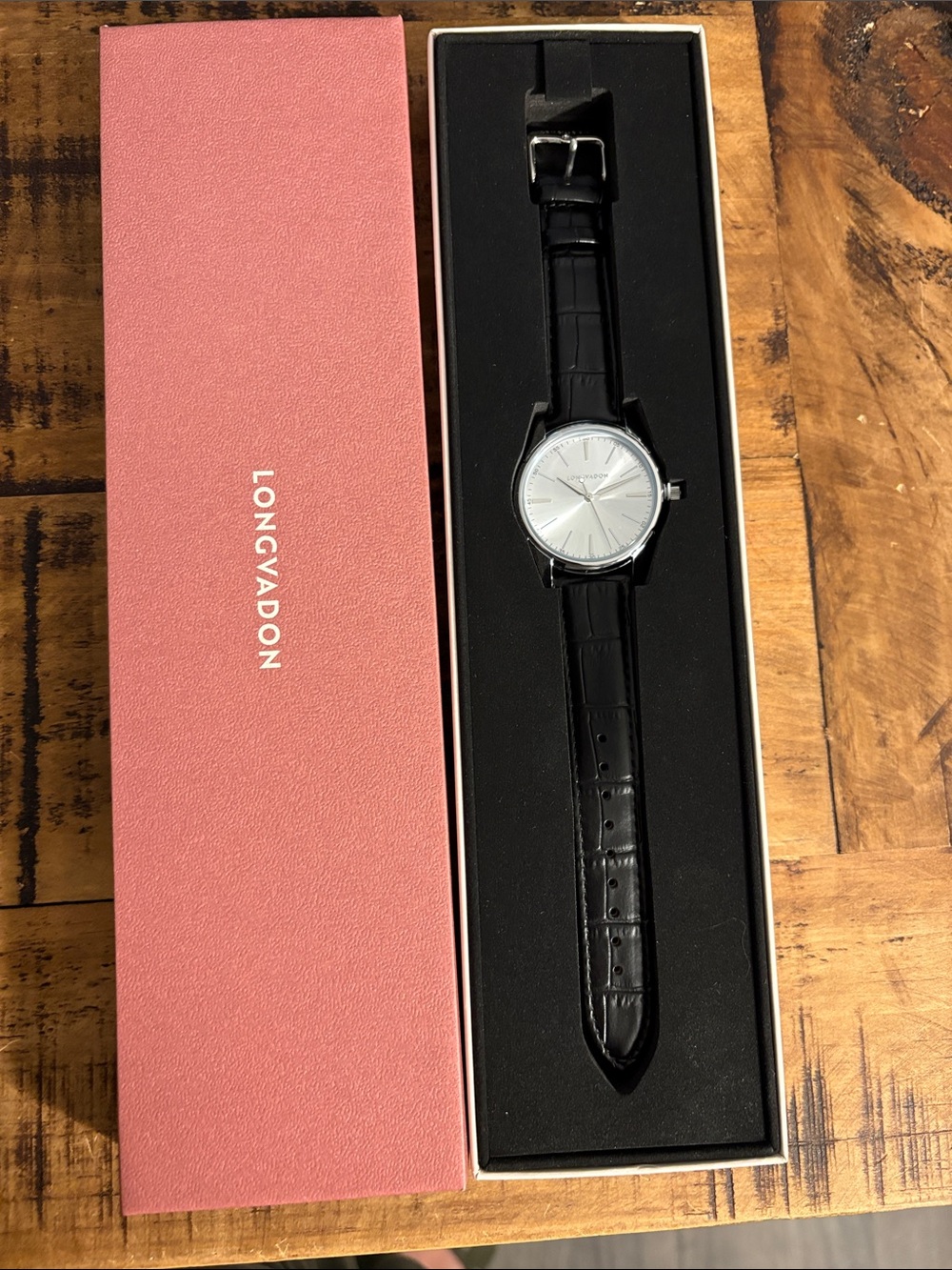 Longvadon Classic Silver Dial Watch with Black Leather Strap